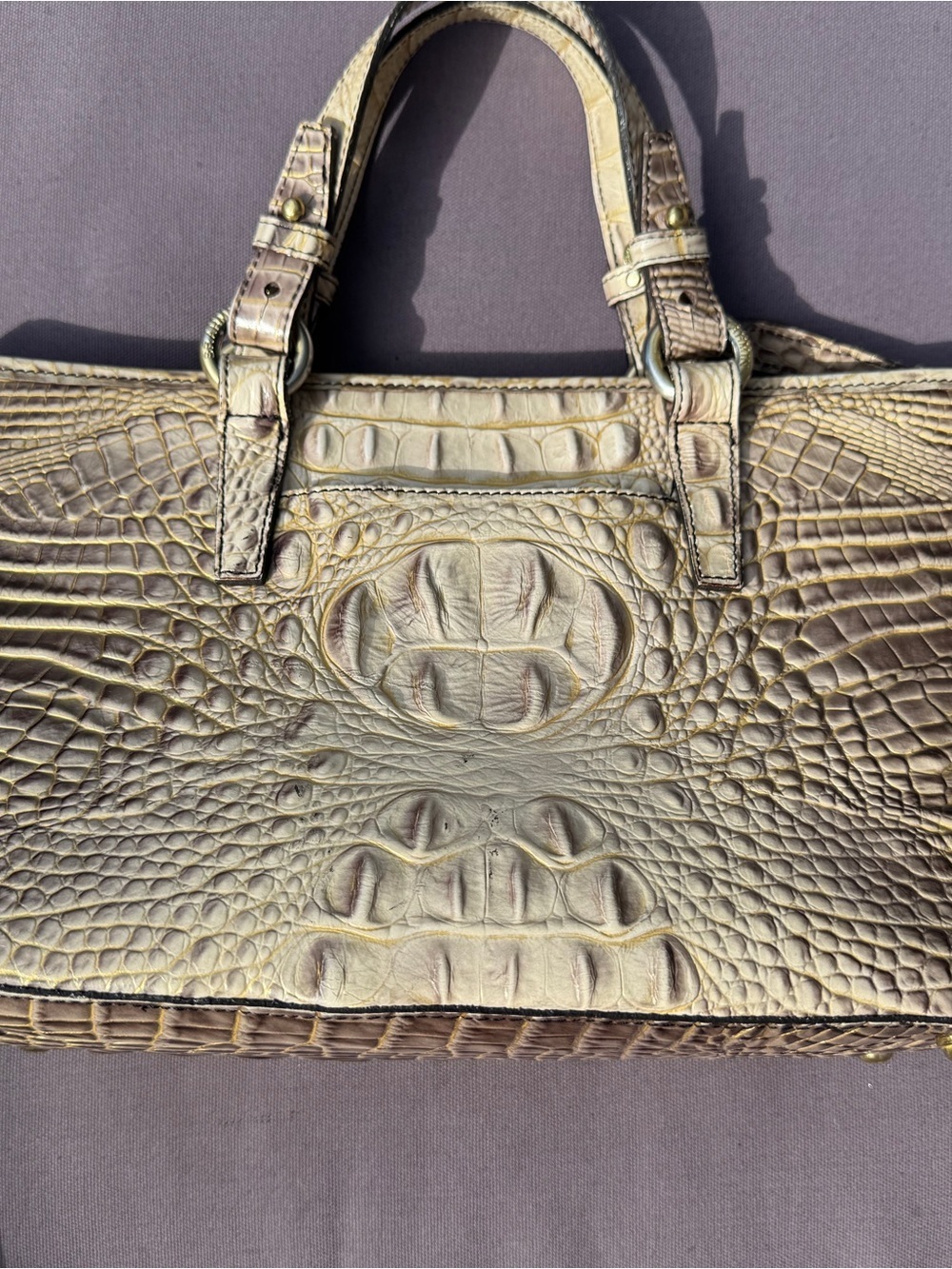 Brahmin Viviani Croc Embossed Leather Satchel Crossbody Brown Cream GUC w/duster - Picture 5 of 15